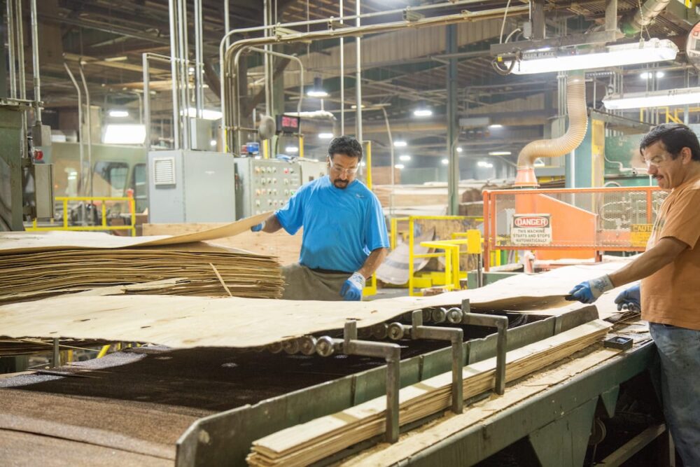 Two men wearing gloves handle South American wood products in an industrial lumber processing factory.